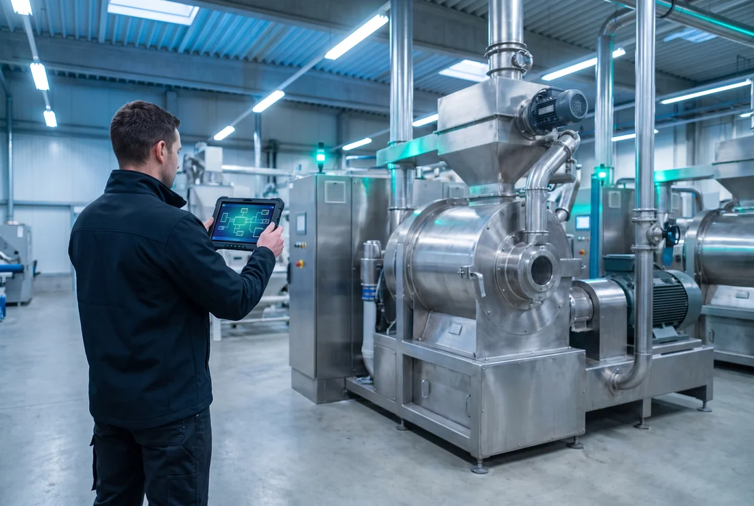 A Shinmac service engineer checks live process data on a tablet next to a running pellet mill
